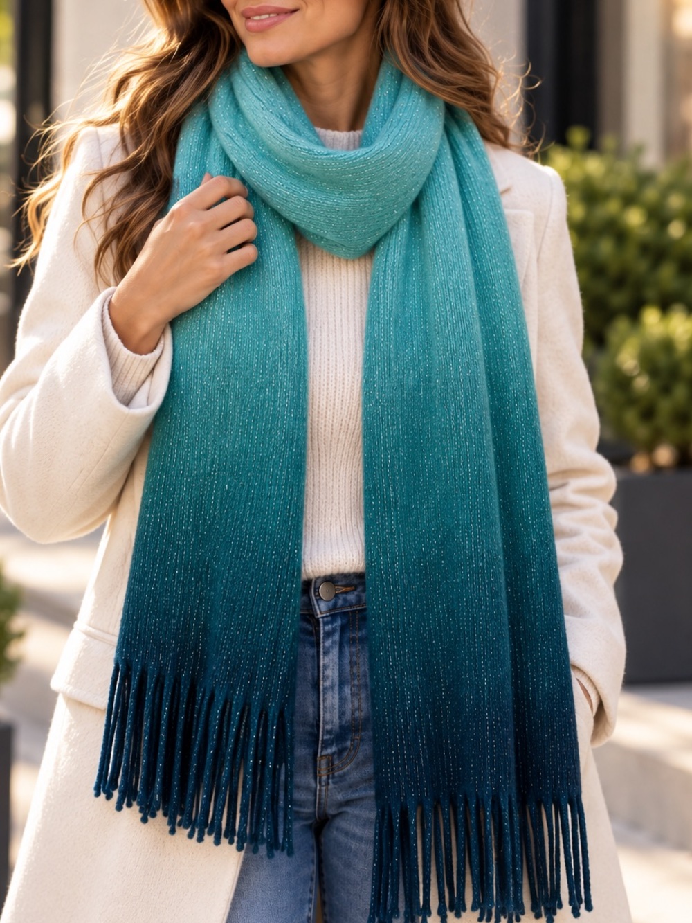 Cejon Teal Ombre Metallic Scarf with Fringe NWT